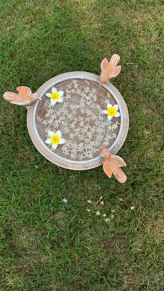TERRACOTTA CARVED BASIN WITH THREE BIRDS FOR HOME GARDEN AND BALCONY DECOR