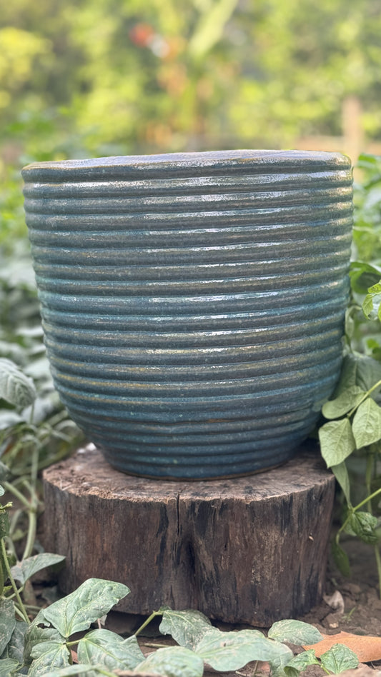 CRAMIC RIBBED TEAL BLUE GLAZED POT FOR HOME GARDEN BALCONY DECOR