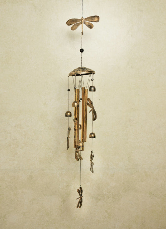 Dragon Fly Golden Color Wind Chime with 4 Aluminum Tubes and 6 dragon fly, Home Garden Patio Decor