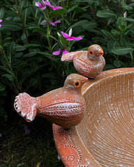 Terracotta Bird Bath with Two Birds