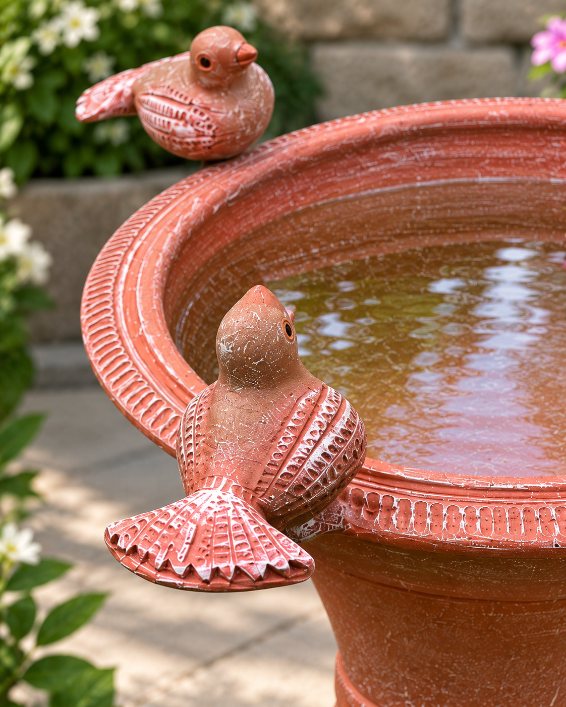 Terracotta Rustic Three Birds Bird Bath