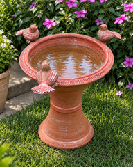 Terracotta Rustic Three Birds Bird Bath