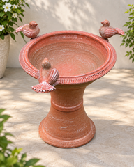 Terracotta Rustic Three Birds Bird Bath