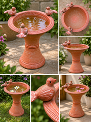 Terracotta Rustic Three Birds Bird Bath