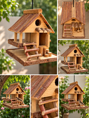 Rustic Log Bird House & Bird Feeder