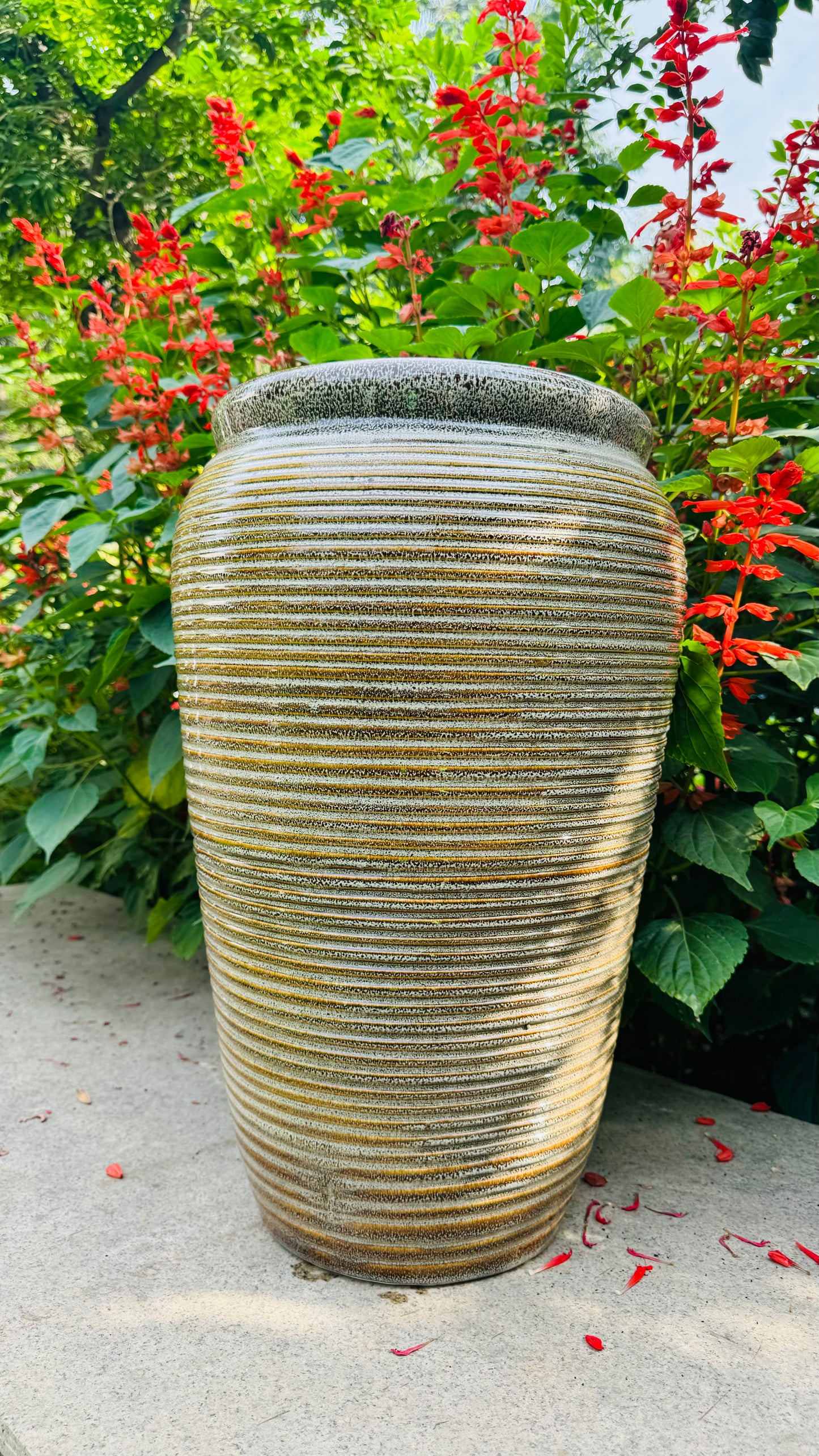 CERAMIC RIBBED GLAZED PLANTER POT FOR HOME GARDEN BALCONY DECOR