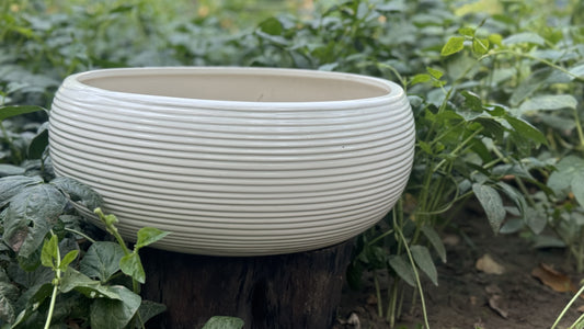 Ceramic Ribbed Planter White Glazed Pot Home Garden Balcony