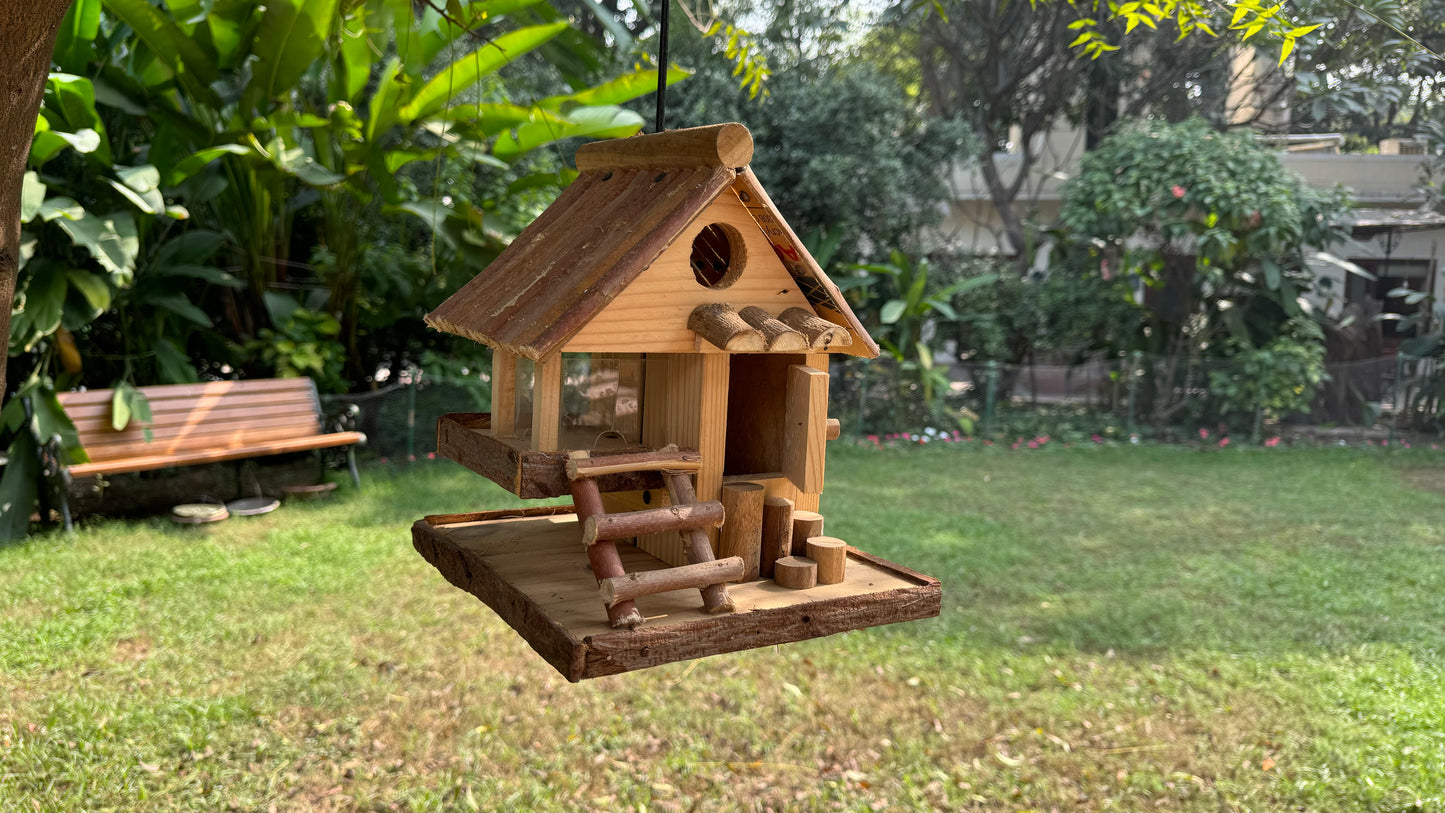 BIRD HOUSE CUM FEEDER UPPER GROUND FLOOR OF NATURAL WOOD GARDEN  BALCONY PATIO DECOR