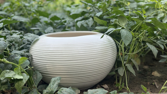 Ceramic Ribbed Planter White Glazed Pot Home Garden Balcony