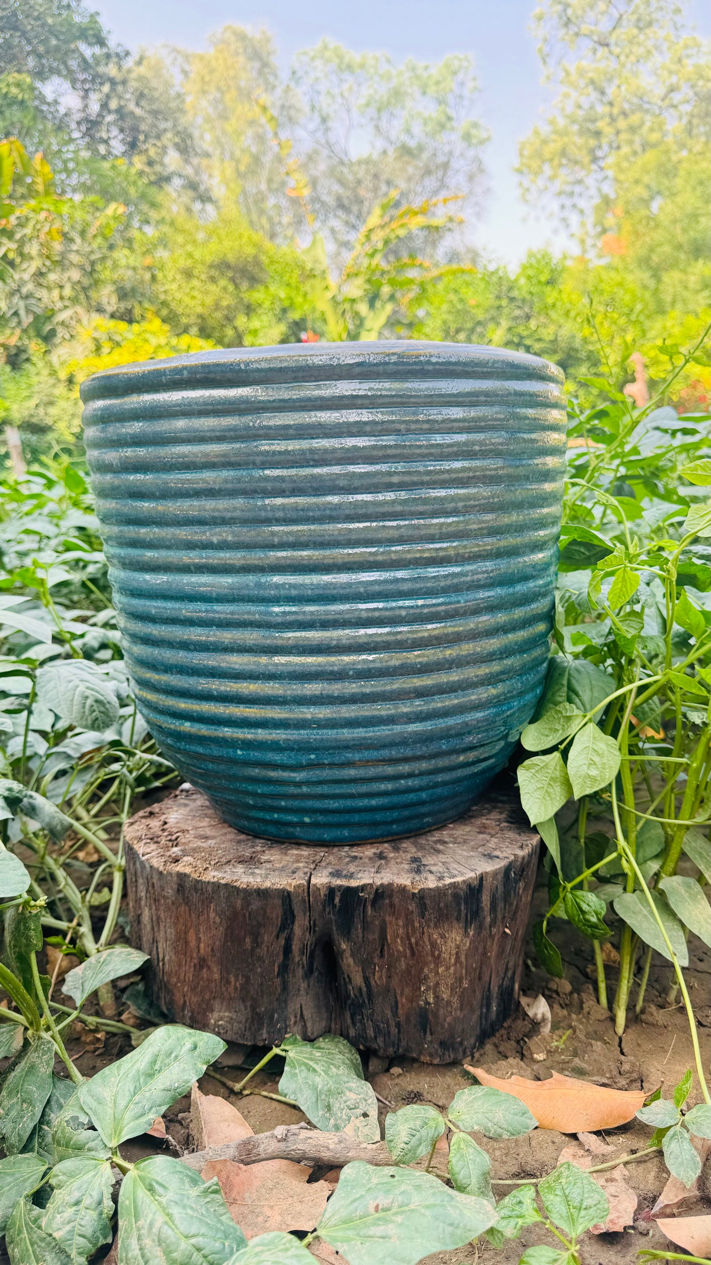 Ceramic Ribbed Planter Teal Blue Glazed Pot Home Garden Balcony