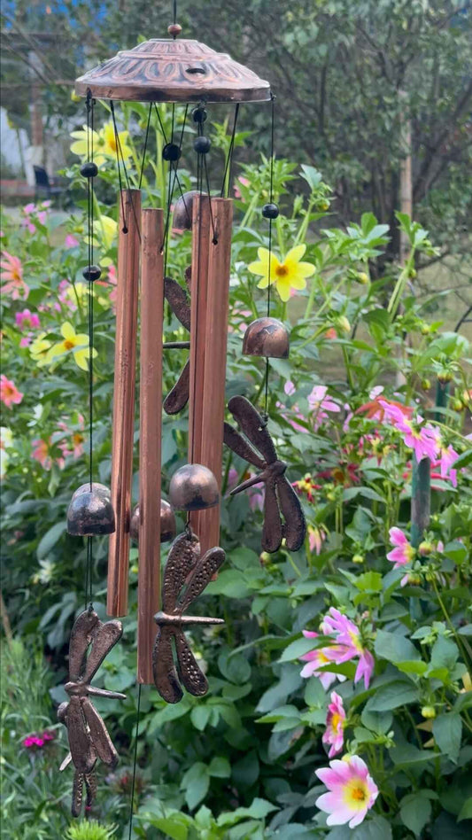 Dragon Fly Copper Color Wind Chime with 4 Aluminum Tubes and 6 dragon fly, Home Garden Patio Decor